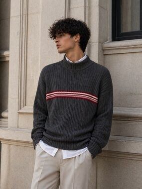 Bullhead Ribbed Mock Neck Sweater XL – Gray Knit with Red/White Stripe